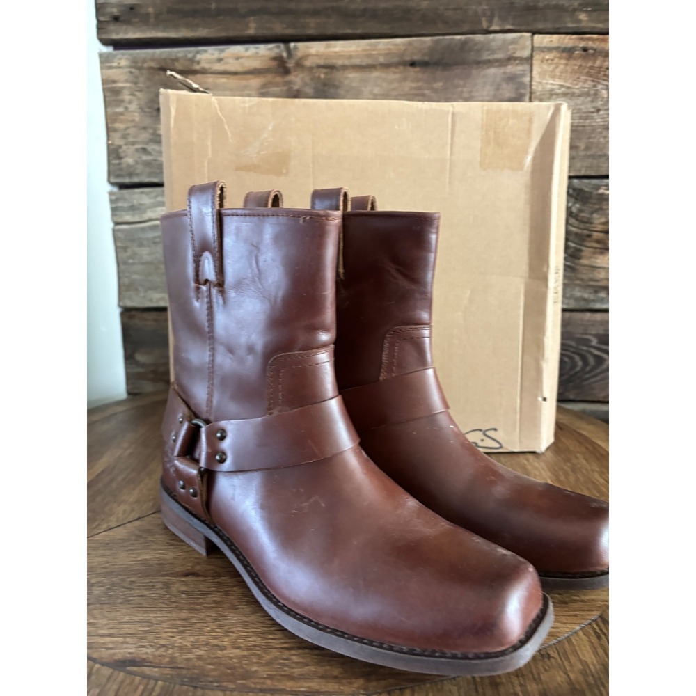 Frye and Co Womens Brown Leather Harness Boots Square Toe Cognac Mid Calf